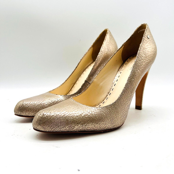 Coach Heels Womens 8 Gold Leather Shoes Stiletto Cocktail Metallic Wedding Pumps - Picture 2 of 11